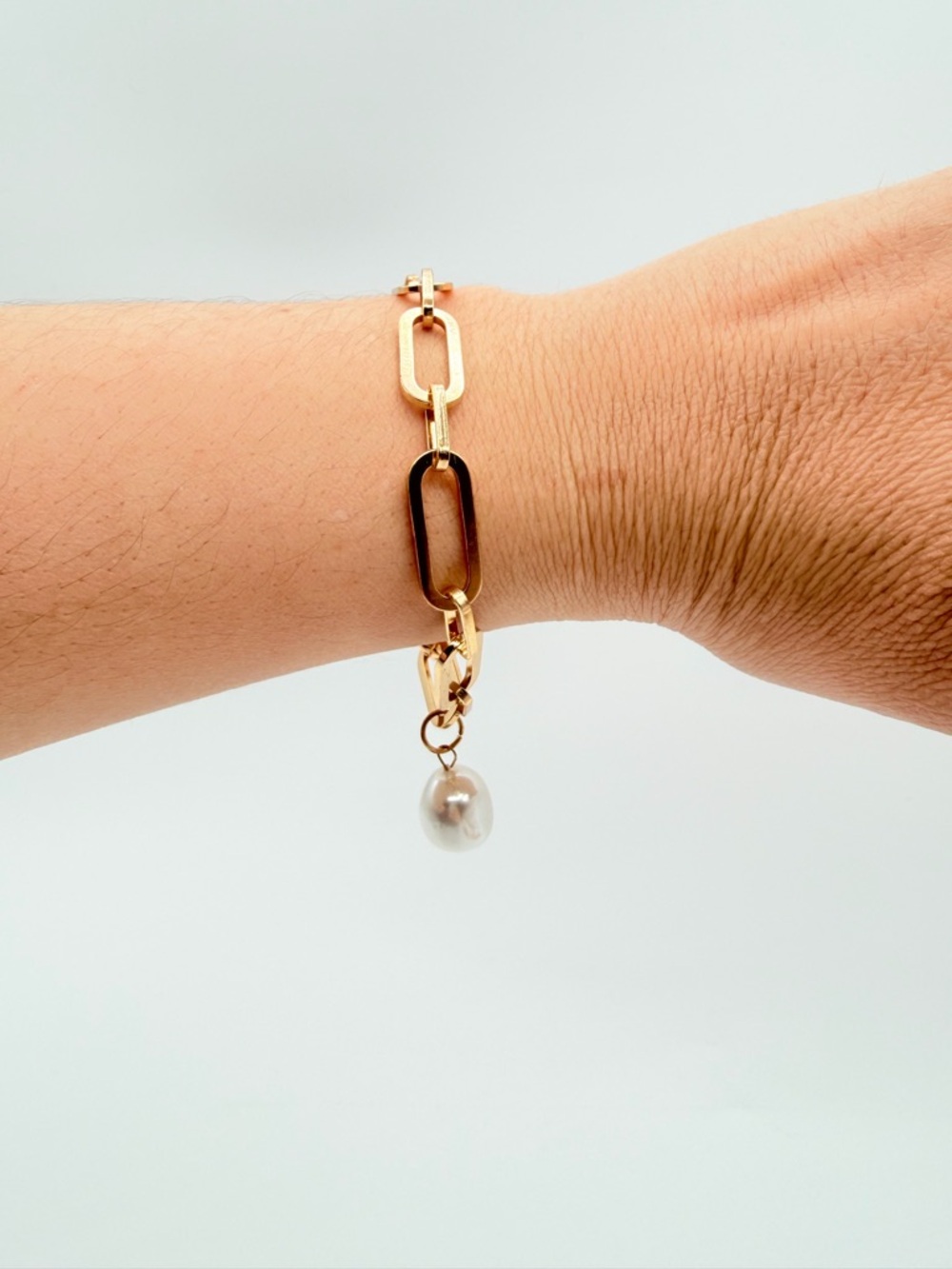 Gold Tone Paperclip Link Bracelet with Baroque Pearl Drop